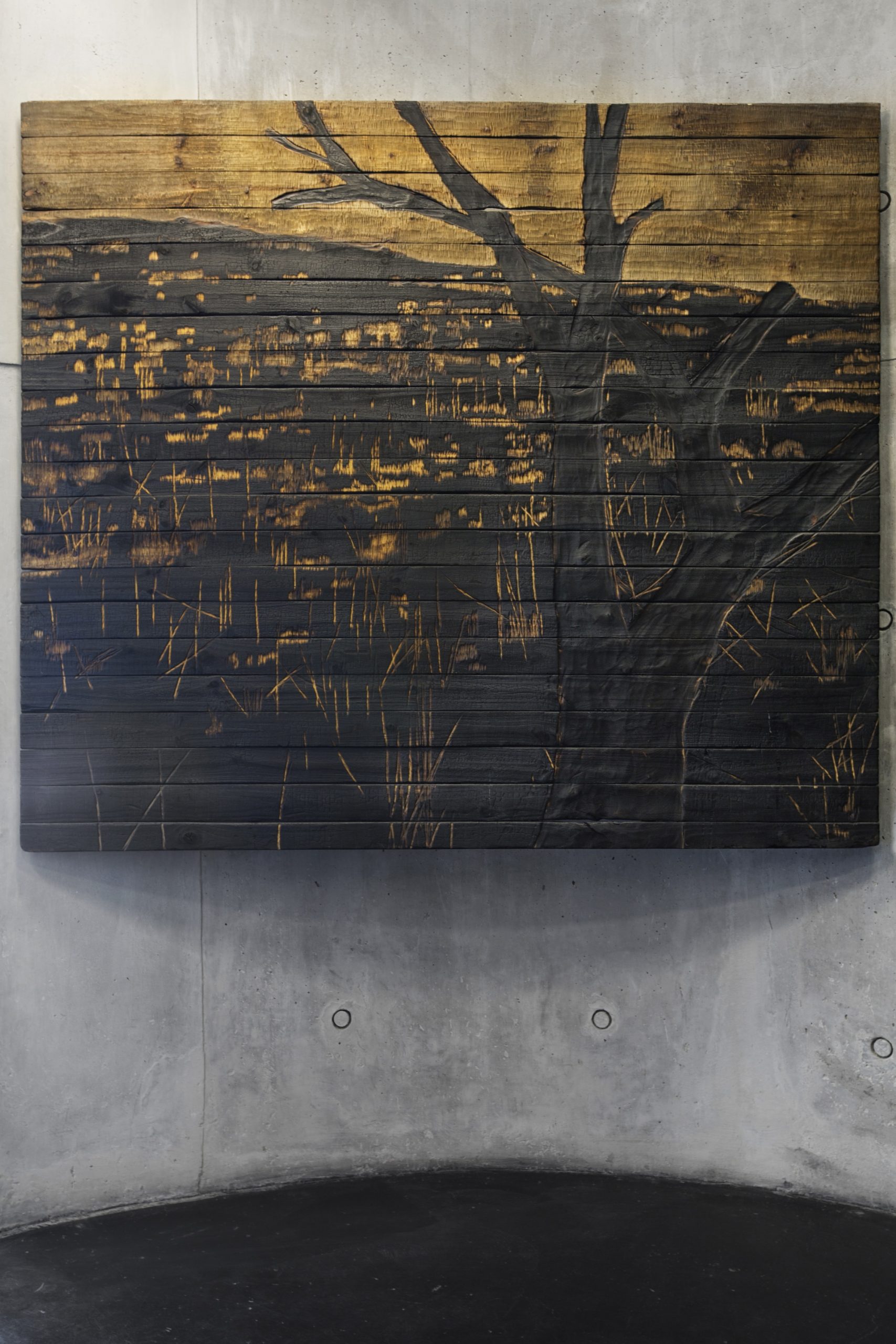3383Michele Mathison. Bushveld.   2014.  Burnt wood.  210 x 720 x 2 cm. Detail.