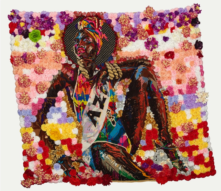 3720Athi-Patra Ruga. Uzuko. 2013. Wool, thread, and artificial flowers on tapestry canvas. 200 x 180 cm.