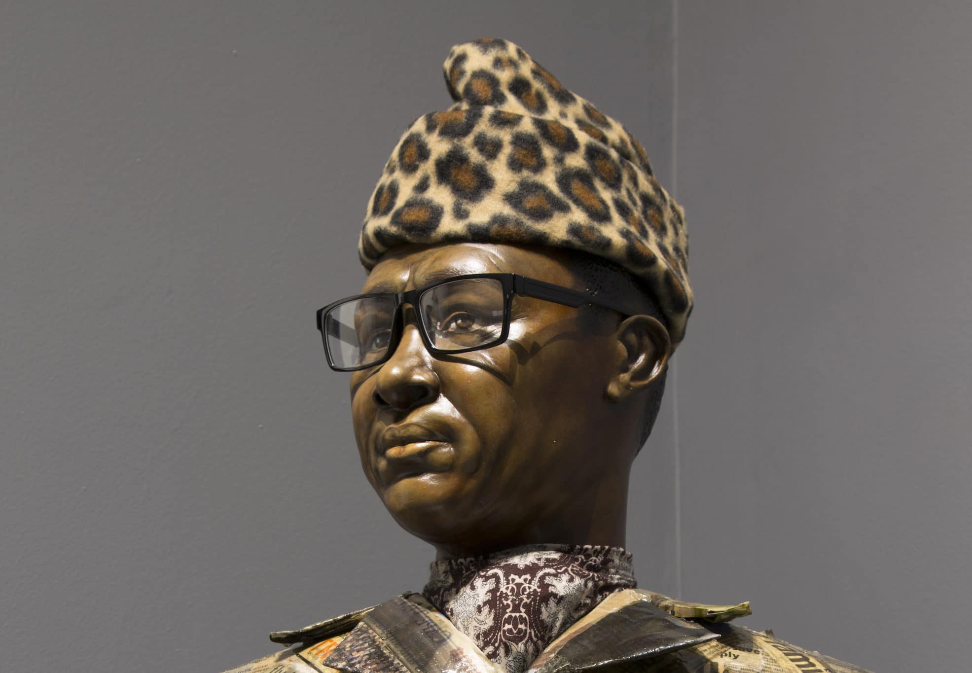 Maurice Mbikayi and Nicola Holgate. Two Rises and Falls (Mobutu). 2019. Papier maché and mixed media bust. 71 x 42 x 21 cm. Installation view.