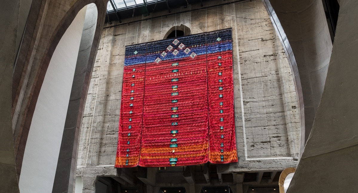 Abdoulaye Konate, Idéogrammes, signes, symboles et logos (Hommage - Youssouf Tata Cissé et Germaine Dieterlen), 2020, fabric, 12 x 15 m. Courtesy of the artist. Photo by Dillon Marsh, É Zeitz MOCAA