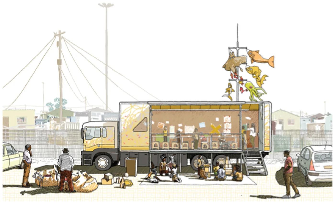 Illustration of the MOCAA on the Move mobile art classroom with its side open, showing the classroom inside